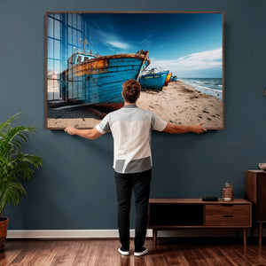 Coastal Fishing Boats Wall Art Canvas Print, Sunset Beach