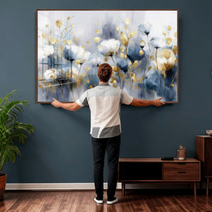 Large Abstract Flowers Wall Art Canvas Print – Gold and Blue