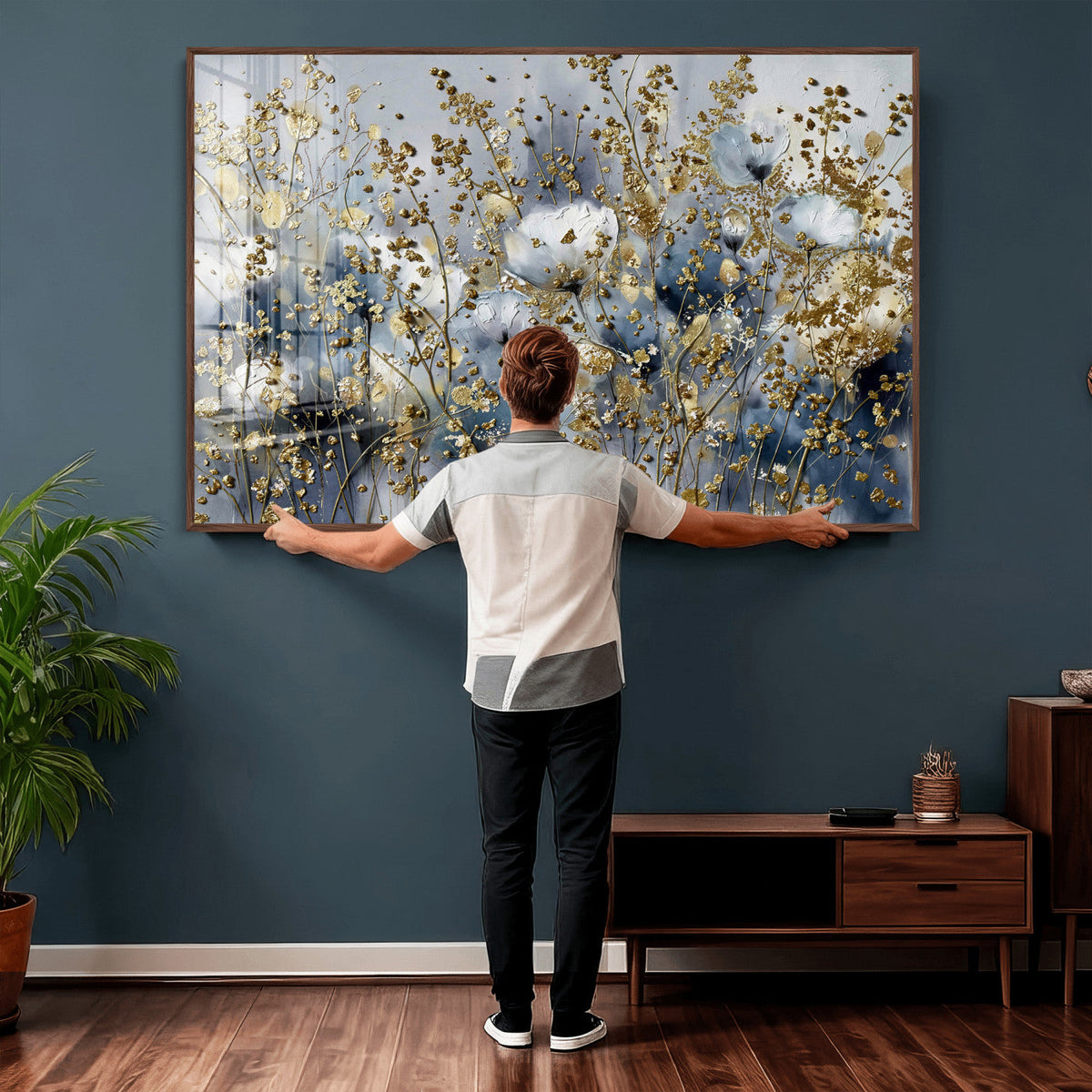 Abstract Floral Wall Art Canvas Print – Gold and Blue