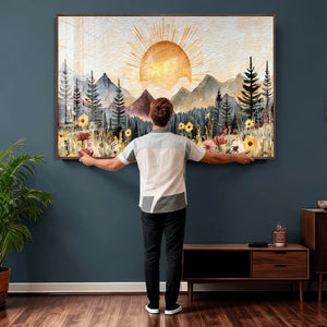 Boho Mountain Landscape Large Wall Art, Horizontal Gold