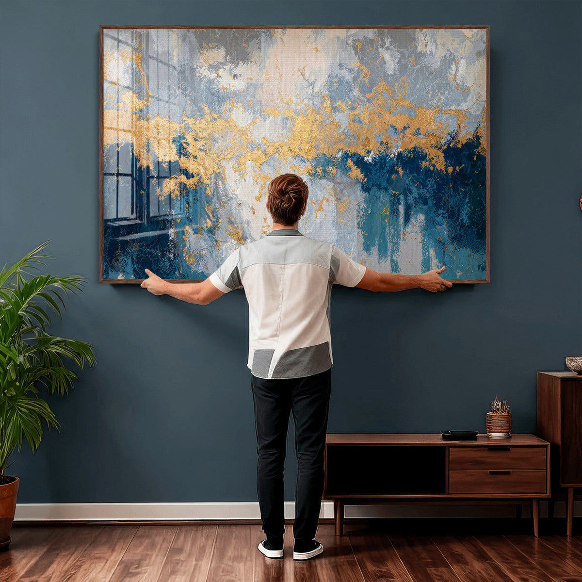 Blue Gold Abstract Large Framed Canvas Wall Art, Modern
