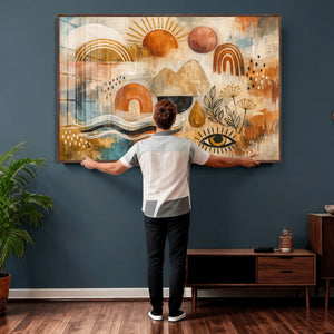 Geometric Boho Abstract Wall Art Canvas Print, Orange Blue