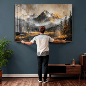 Mountain Lake Canvas Wall Art — Rustic Forest Landscape