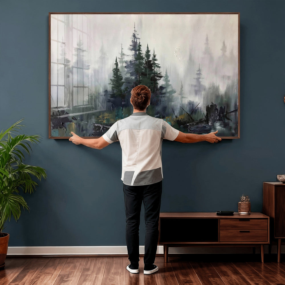 Misty Pine Forest Oil Painting Canvas — Dark Moody Teal Grey