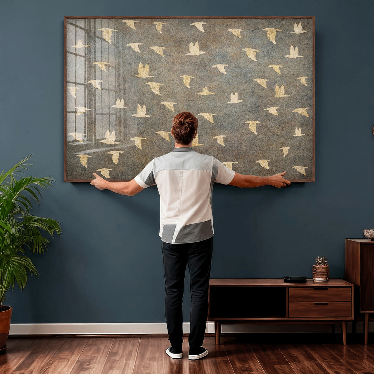 Flying Birds Canvas Wall Art, Vintage Bird Flock Pattern