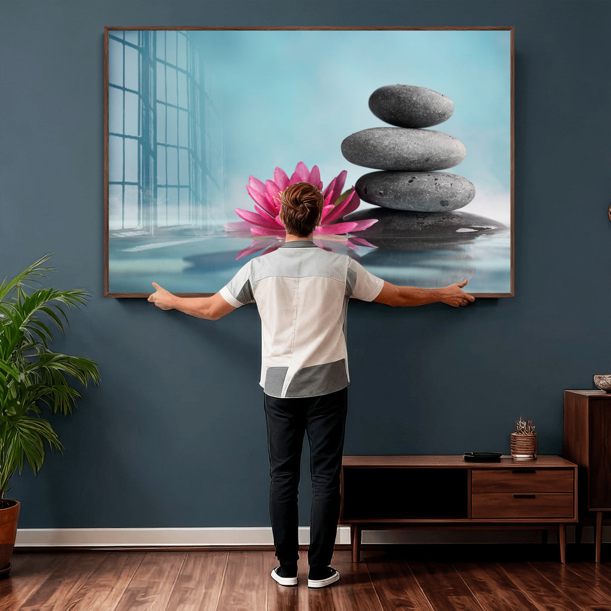 Zen Canvas Wall Art Lotus Flower Stacked Stones Teal Spa