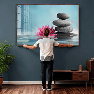 Zen Canvas Wall Art Lotus Flower Stacked Stones Teal Spa