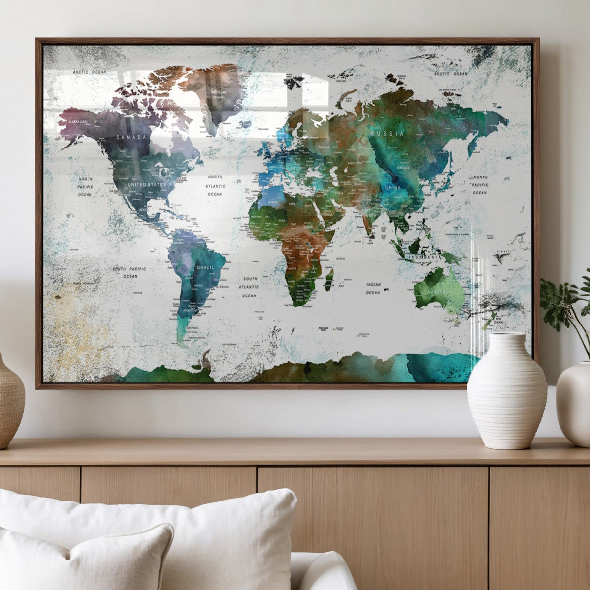 Modern Watercolor World Map Canvas Wall Art – Framed