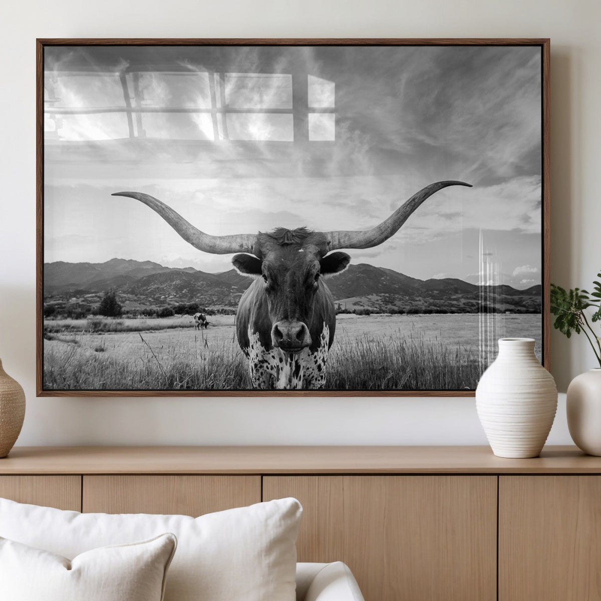Longhorn Black and White Wall Art – Rustic Western Bull