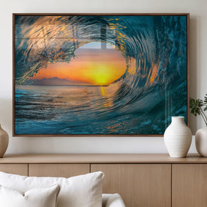 Ocean Wave Sunset Wall Art | Large Coastal Wave Canvas Print