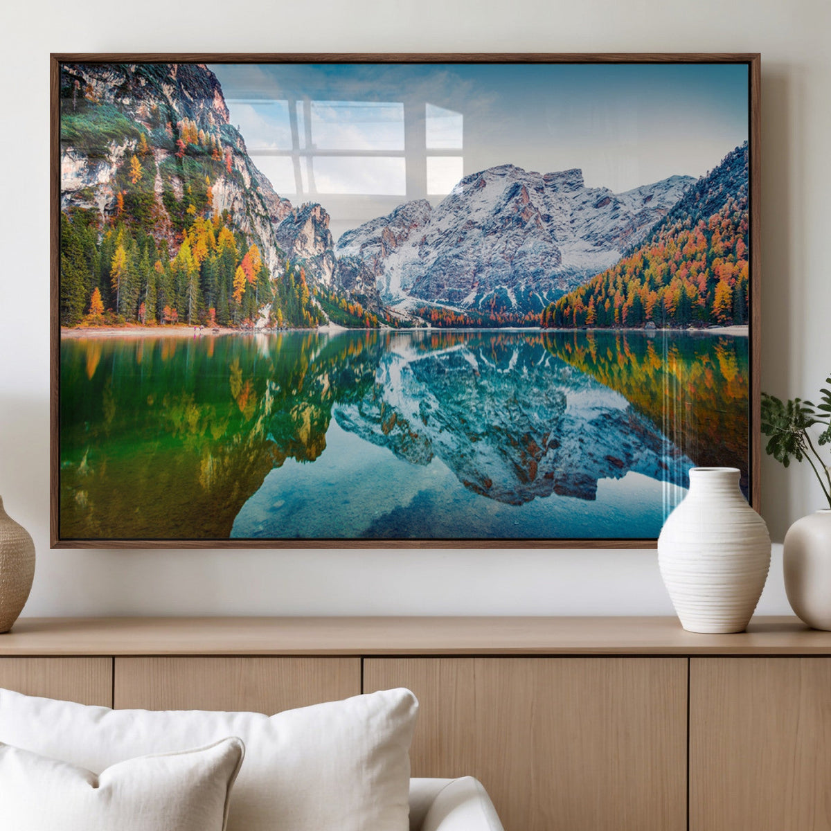 Spectacular autumn view of Braies Lake Wall Art Canvas Print