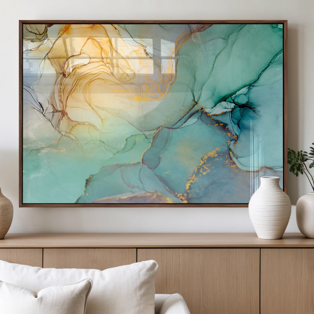 Abstract Aqua and Gold Fluid Wall Art Canvas | 3 Panel Large