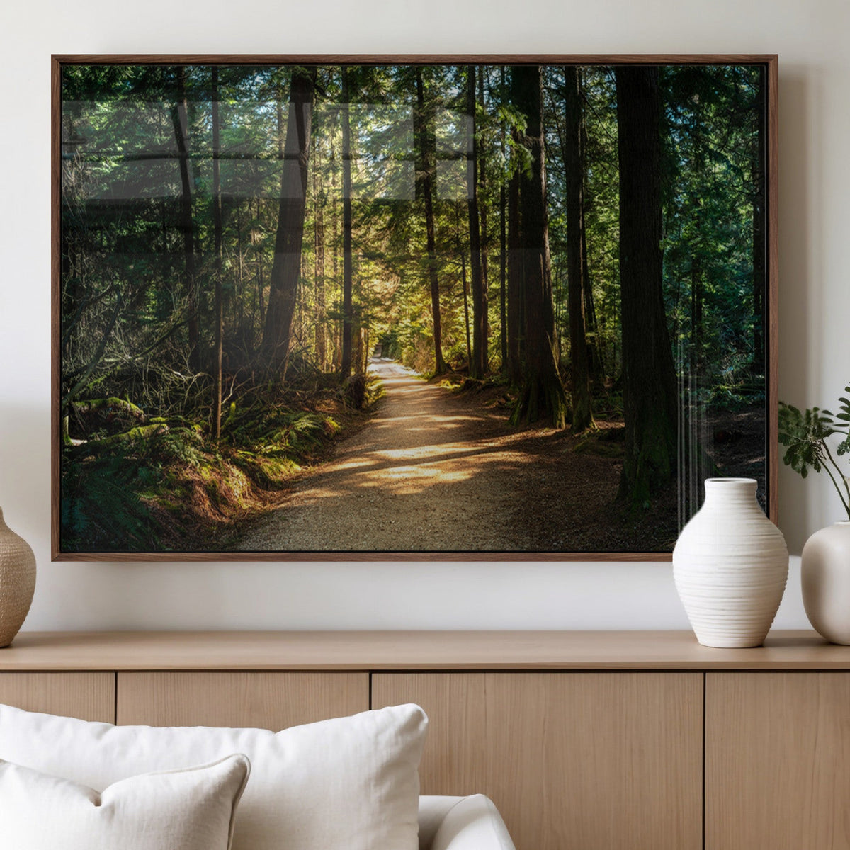 Sunlit Forest Pathway Canvas Print | 3 Panel Large Nature