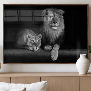 Large Black and White Lion Couple Wall Art Canvas Print –