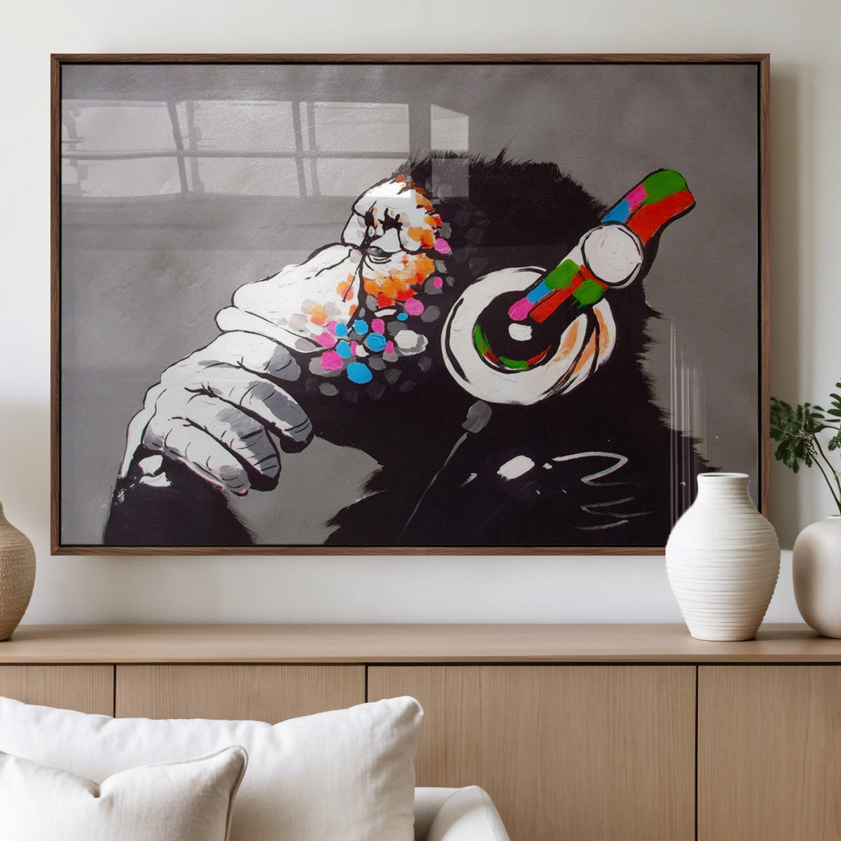 Dj Monkey Listening to Music Wall Art Print | Banksy Monkey