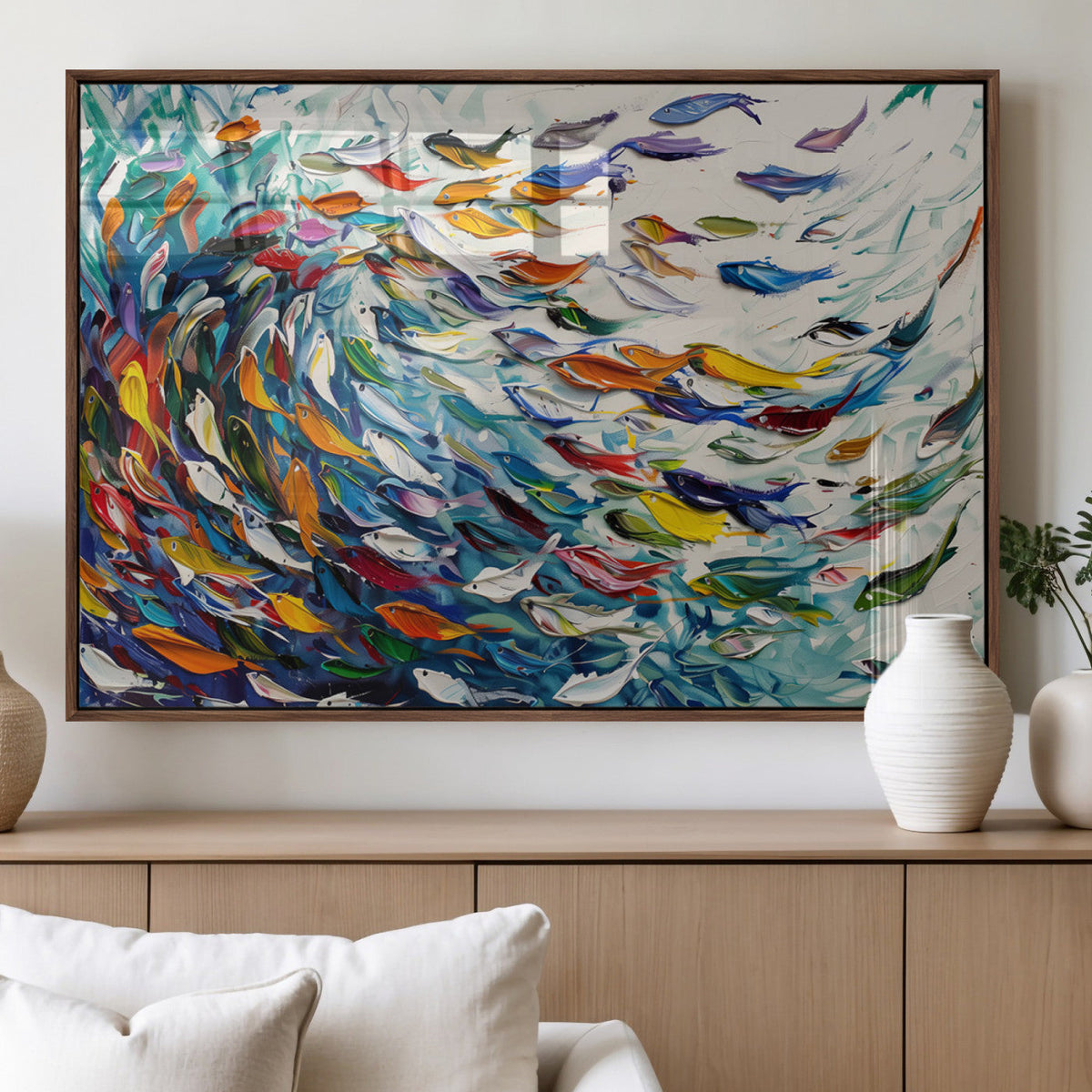 Modern Abstract Fish Shoal Wall Art Canvas Print, Colorful