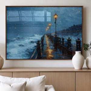 Stormy Night at Beach Pier Oil Painting Large Wall Art