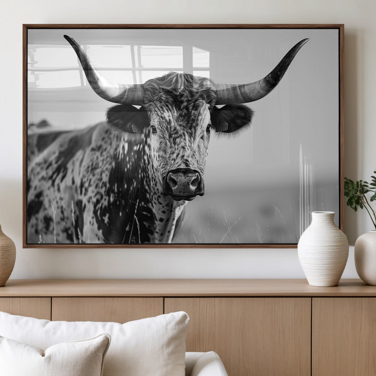 Texas Highland Cow Longhorn Canvas Print - Rustic Farmhouse