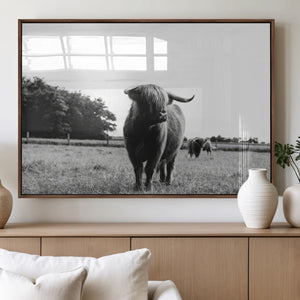 Black and White Highland Cow Wall Art Canvas Print | Rustic