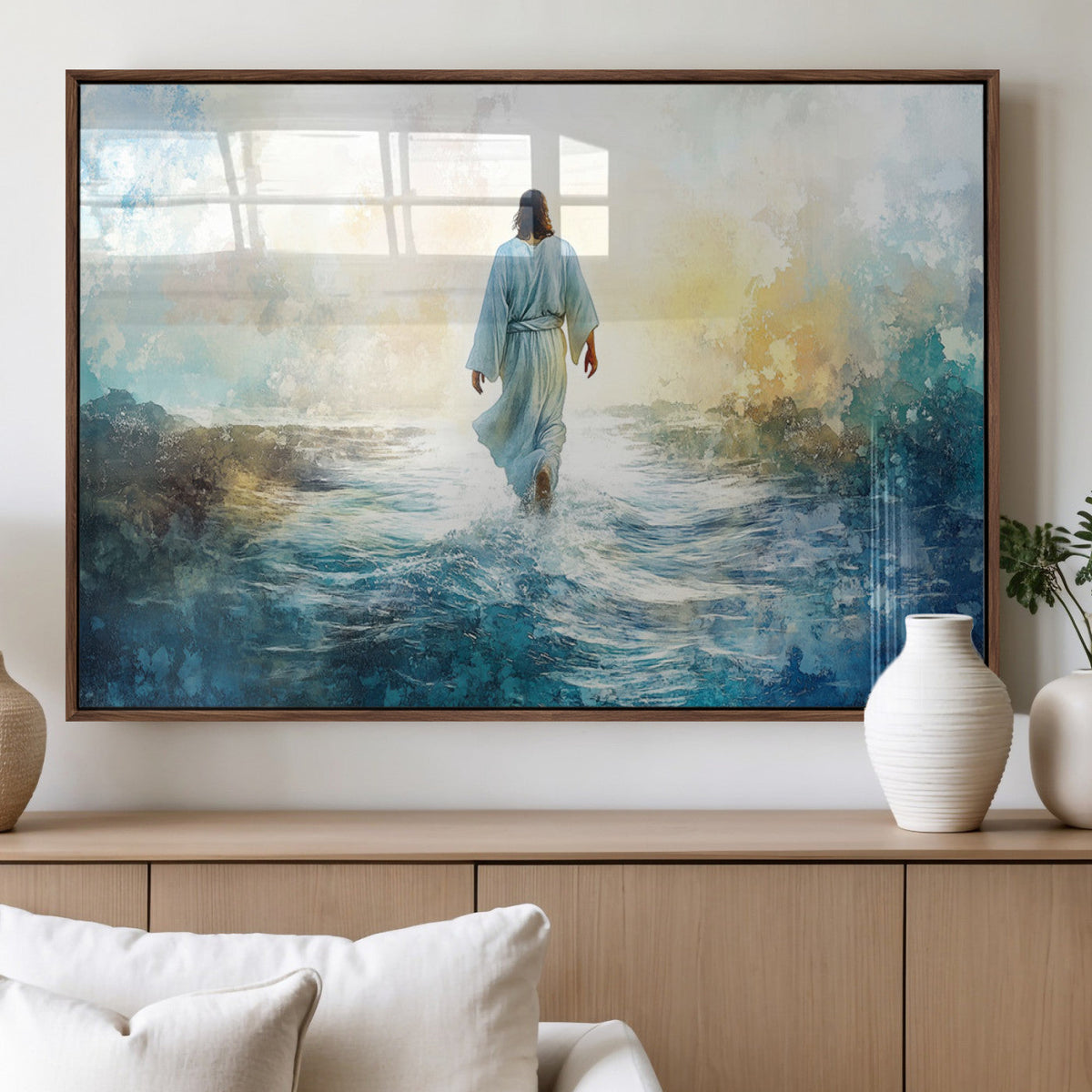Watercolor Jesus Walking on Water Canvas Print, Christian