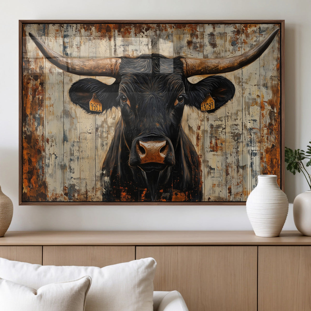 Rustic Texas Artwork Wall Art Canvas Print - Abstract Cow