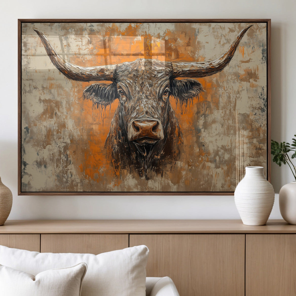 Abstract Cow Longhorn Bull Wall Art Canvas Print - Rustic
