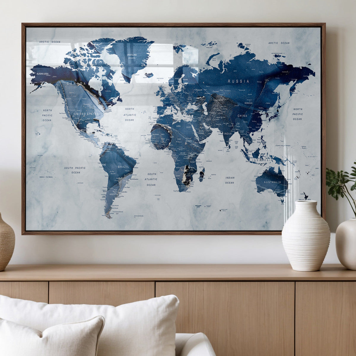 Modern Blue World Map Canvas Print – Framed Wall Art,