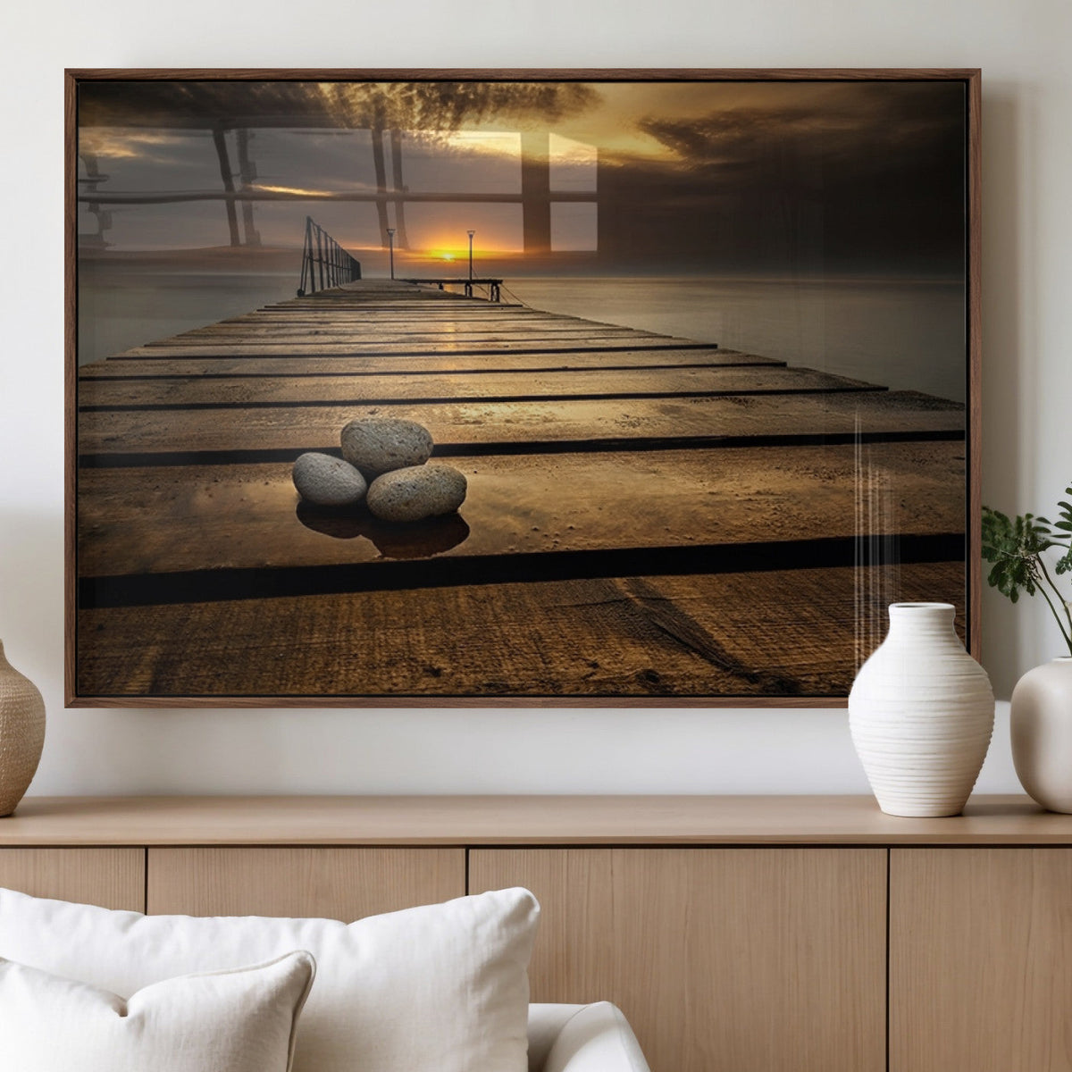 Stones on Wooden Pier at Sunset Canvas Print, Serene Coastal