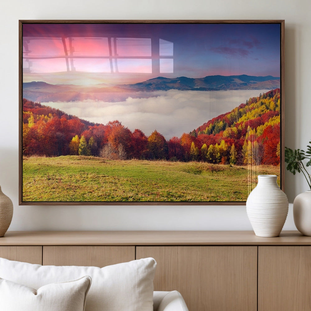 Autumn Mountain Foggy Landscape Wall Art Canvas Print |