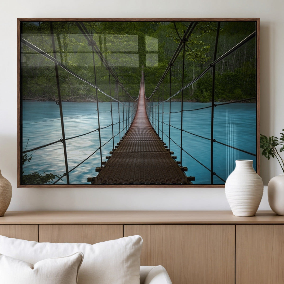 Suspension Bridge Over River Canvas Art | 3-Panel Nature