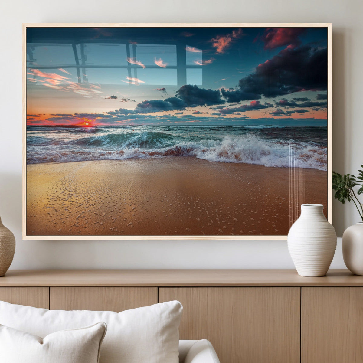 Sunset on Beach Wall Art Ocean Beach Canvas Print