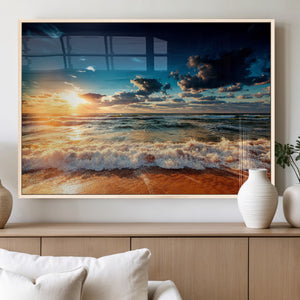 Golden Hour Sunset Over Ocean Waves Wall Art Canvas Print |