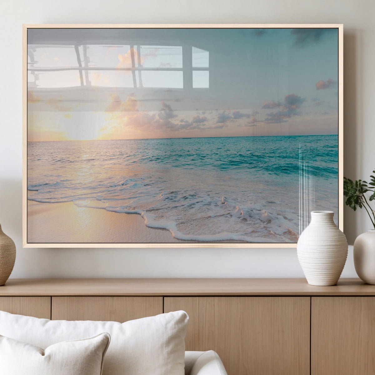 Tranquil Ocean Beach Sunset Canvas Wall Art | 3-Panel