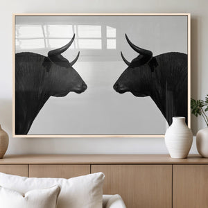 Spanish Bull Art - Framed Black and White Bull Canvas Print