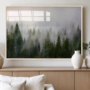 Misty Pine Forest Wall Art Canvas Print | 3 Panel Green