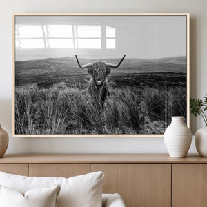 Black and White Highland Cow Canvas Wall Art, Longhorn