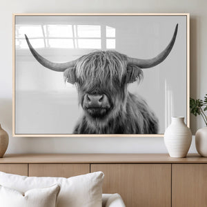 Grayscale Scottish Highland Cow Cattle Art Print Farmhouse