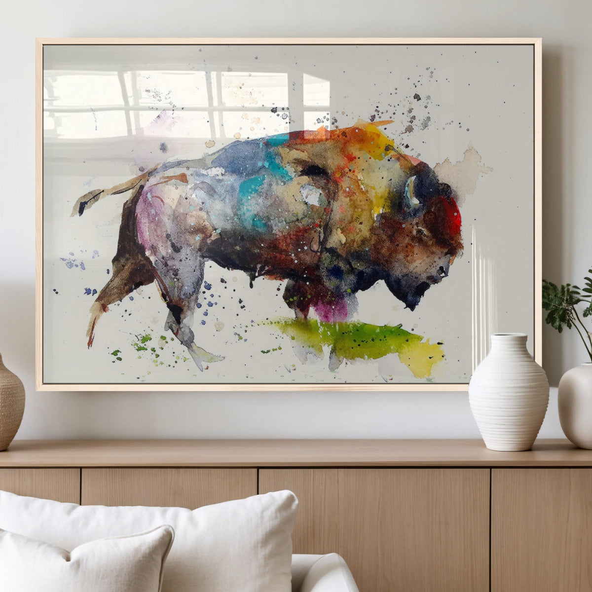 Abstract Buffalo Wall Art, Western Watercolor Bison Canvas