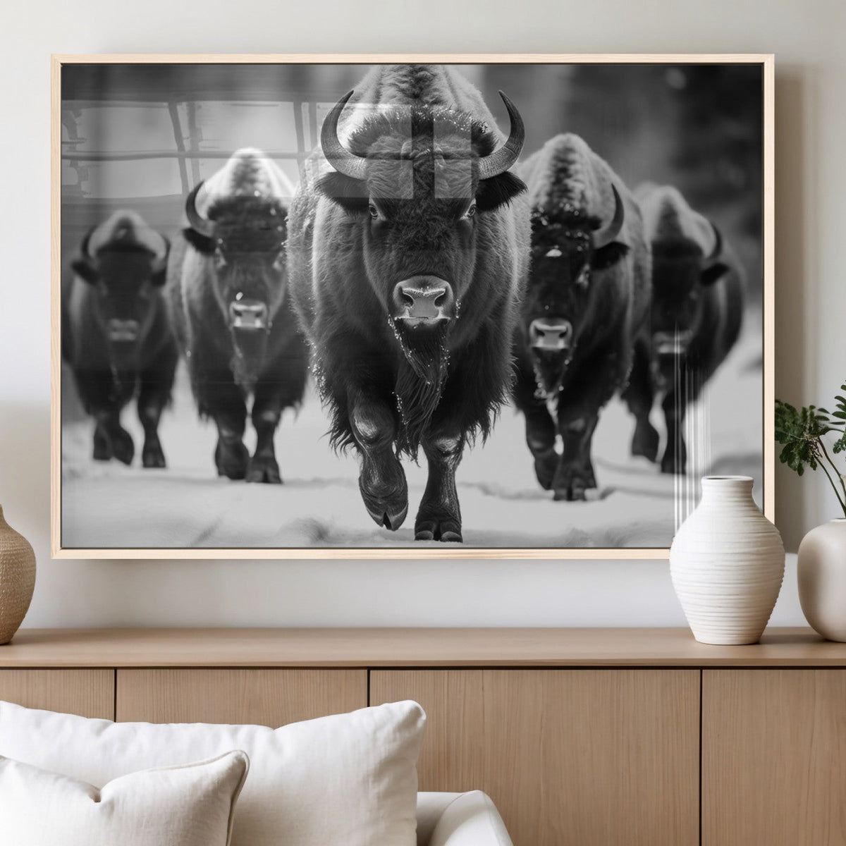 American Bison Art | Buffalo Herd Wall Art Canvas Print, BW