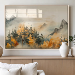 Abstract Watercolor Mountains and Trees Autumn Art,