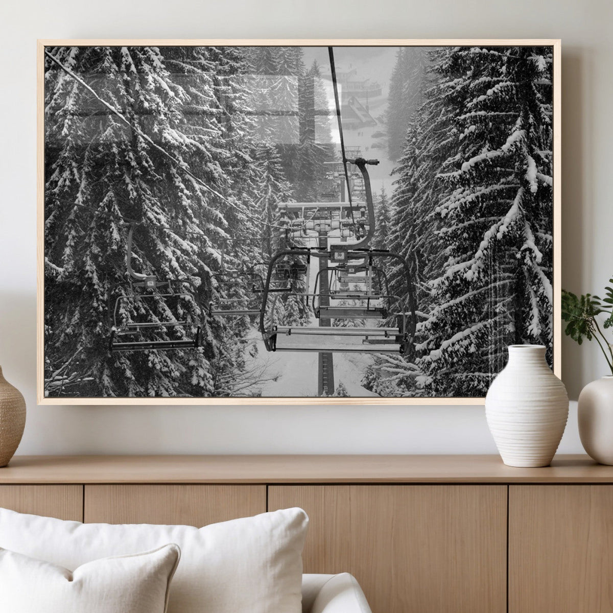 Winter Ski Lift Black and White Canvas Wall Art – Alpine