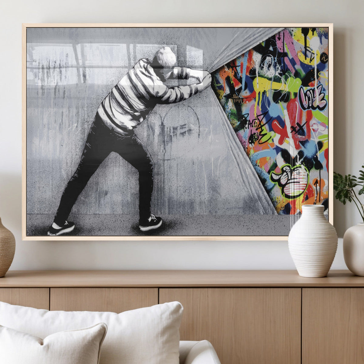 Banksy Art Behind the Curtain Street Wall Art Canvas Print |