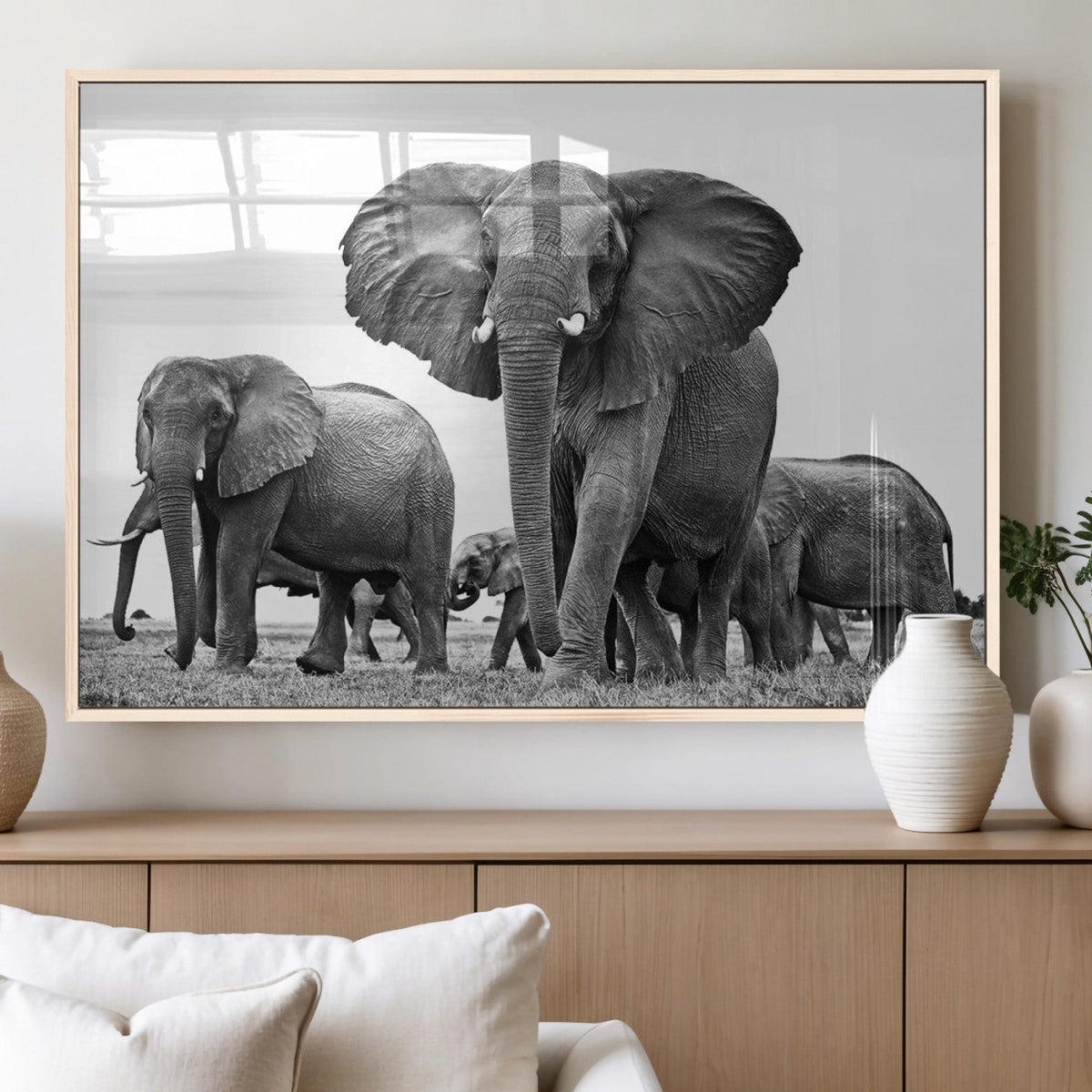 Black White Elephant Family Wall Art Canvas Print