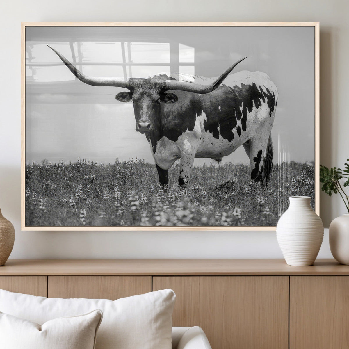 Texas Black White Highland Longhorn Cow Wall Art Canvas