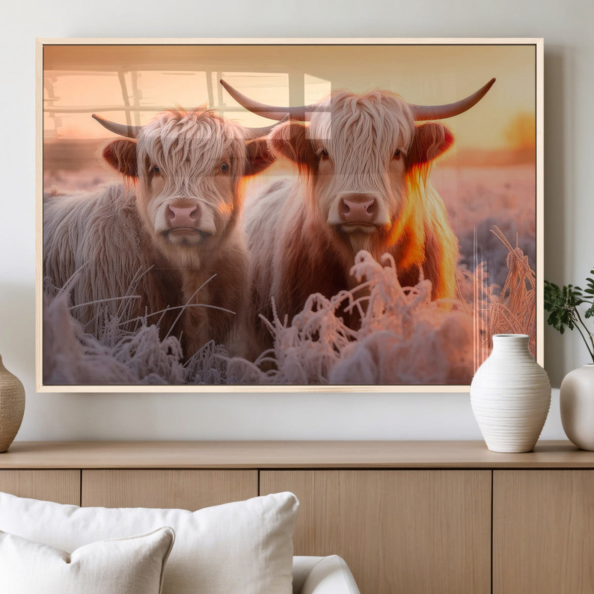 Highland Cows at Sunrise Wall Art Canvas Set – Serene and