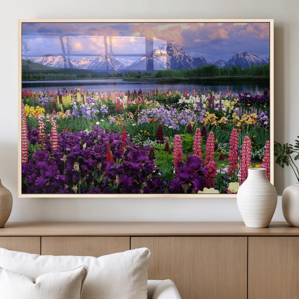 Vibrant Wildflower Garden and Mountain View Giclee Canvas
