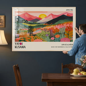 Yayoi Kusama Landscape Canvas Print, Vibrant Floral Mountain Art Print, Framed Botanical Wall Art -