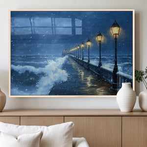 Stormy Ocean Pier Lights Canvas Wall Art Print - Large Moody
