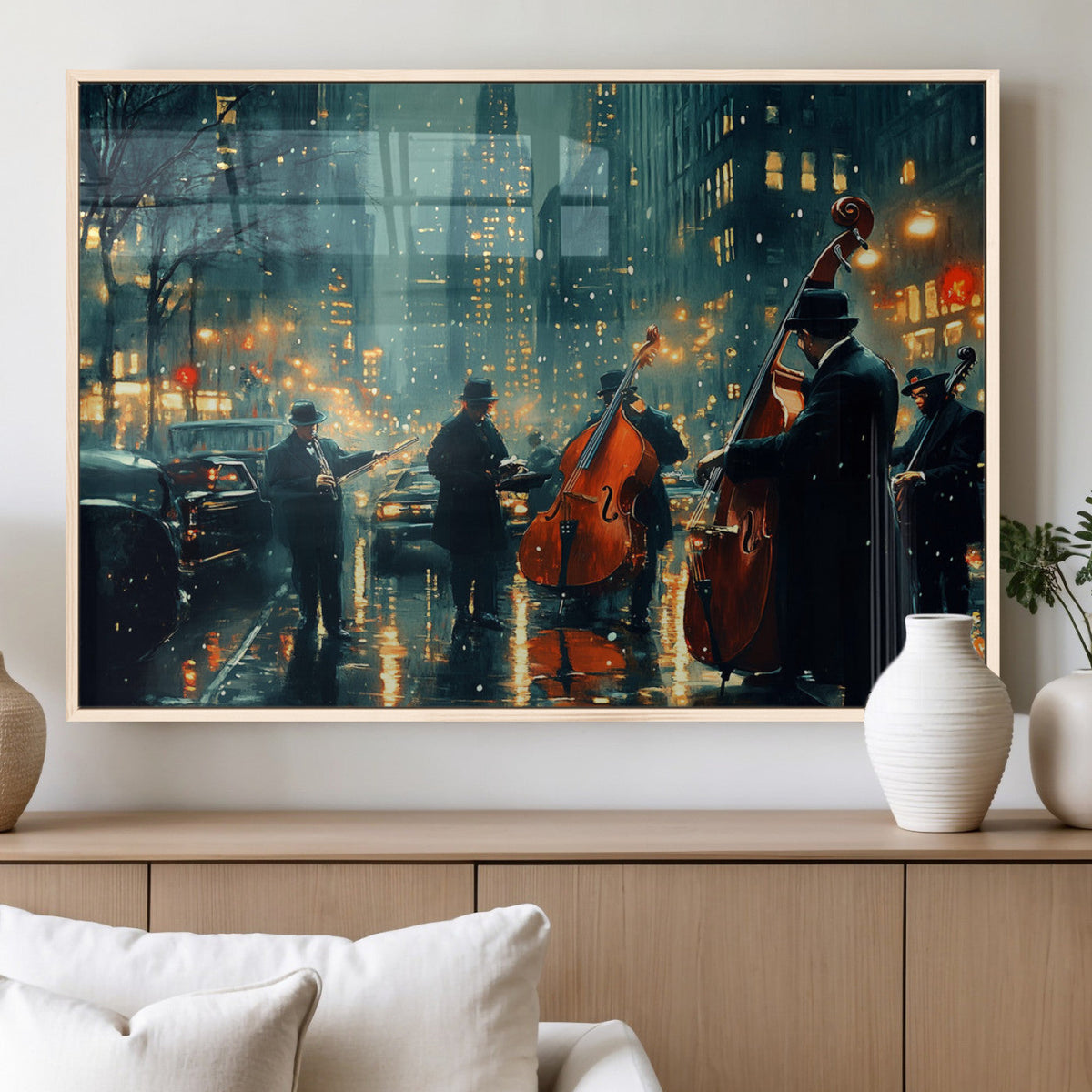 Urban Night Jazz Wall Art Canvas Print – Moody Rain-Soaked