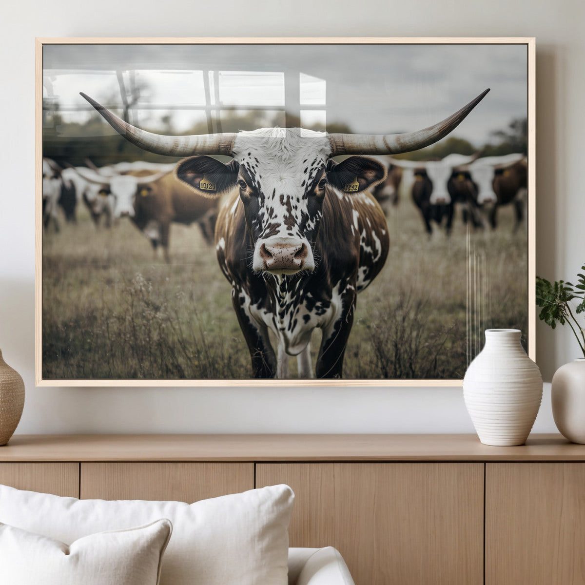 Texas Longhorn Wall Art – Framed Speckled Cow Canvas